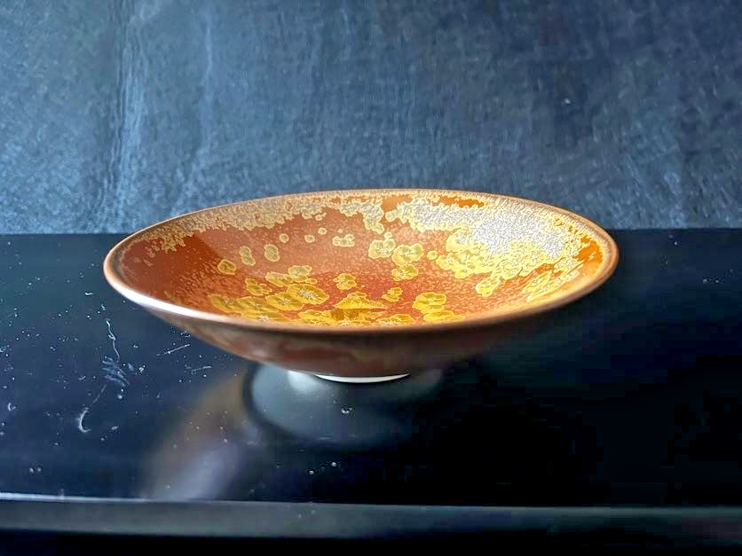 Baba Shinemon Japanese Crystal Glaze Tea Bowl Gold Orange Chawan Signed