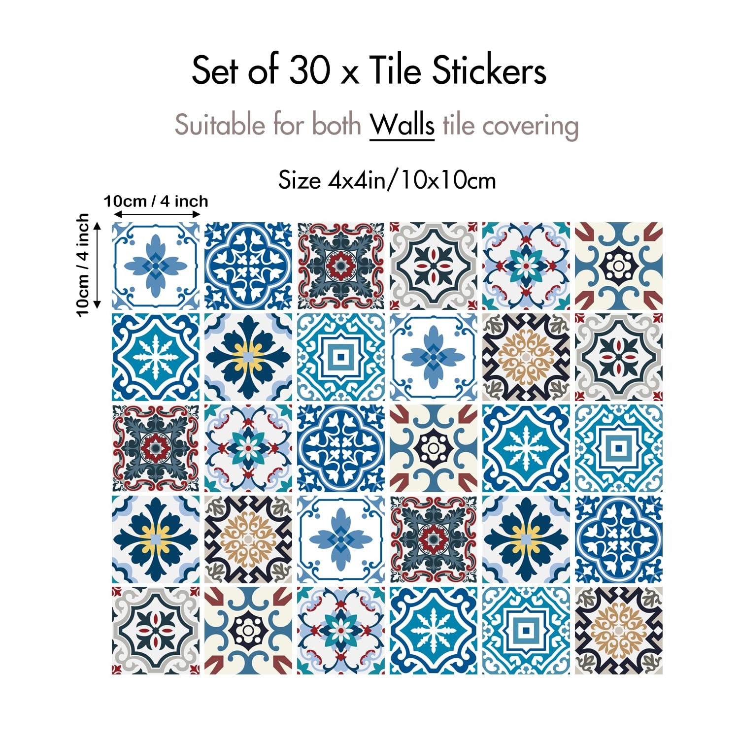 30 Pack, 4×4 Inch Eclectic Mediterranean Tile Stickers, Colorful Mosaic Peel …