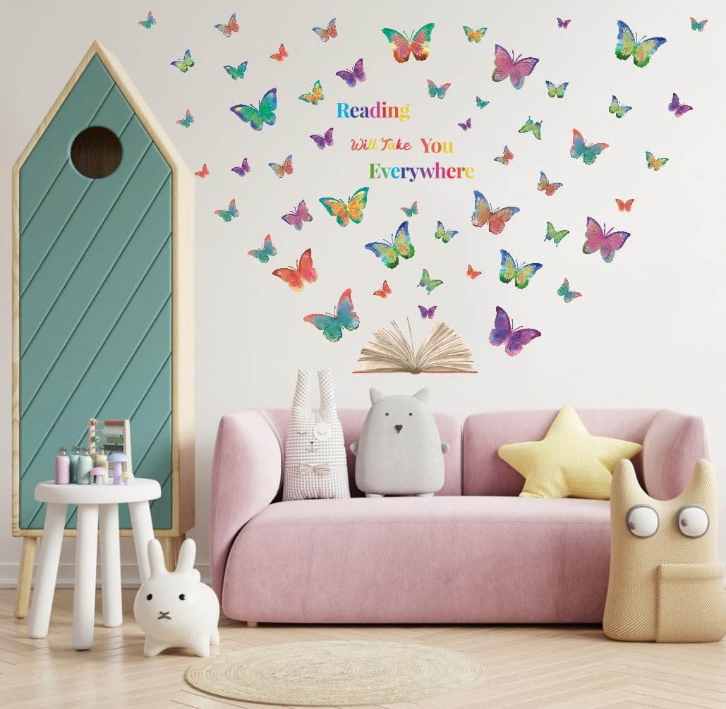 Colorful Butterfly Reading Book Wall Decal, Reading Will Take You Everywhere …