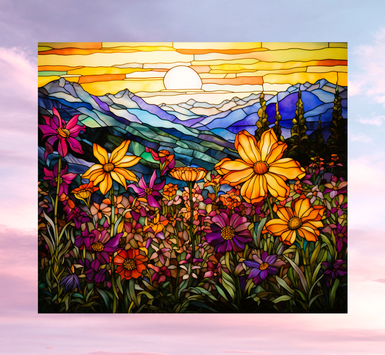 Wildflowers, Mountains & Sunset Faux Stained-Glass WINDOW CLING Size 9.1" Vinyl