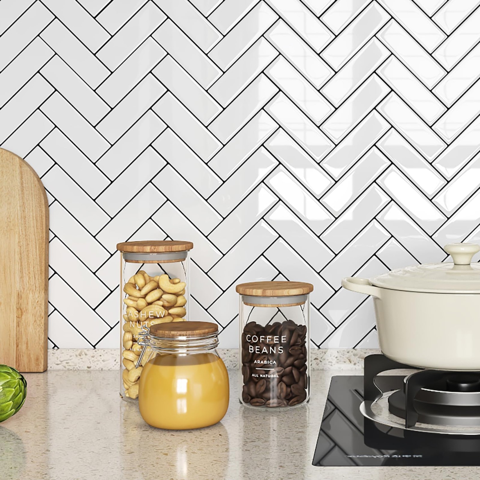 White Herringbone Subway Tile Peel and Stick Backsplash for Kitchen Wall Bath…