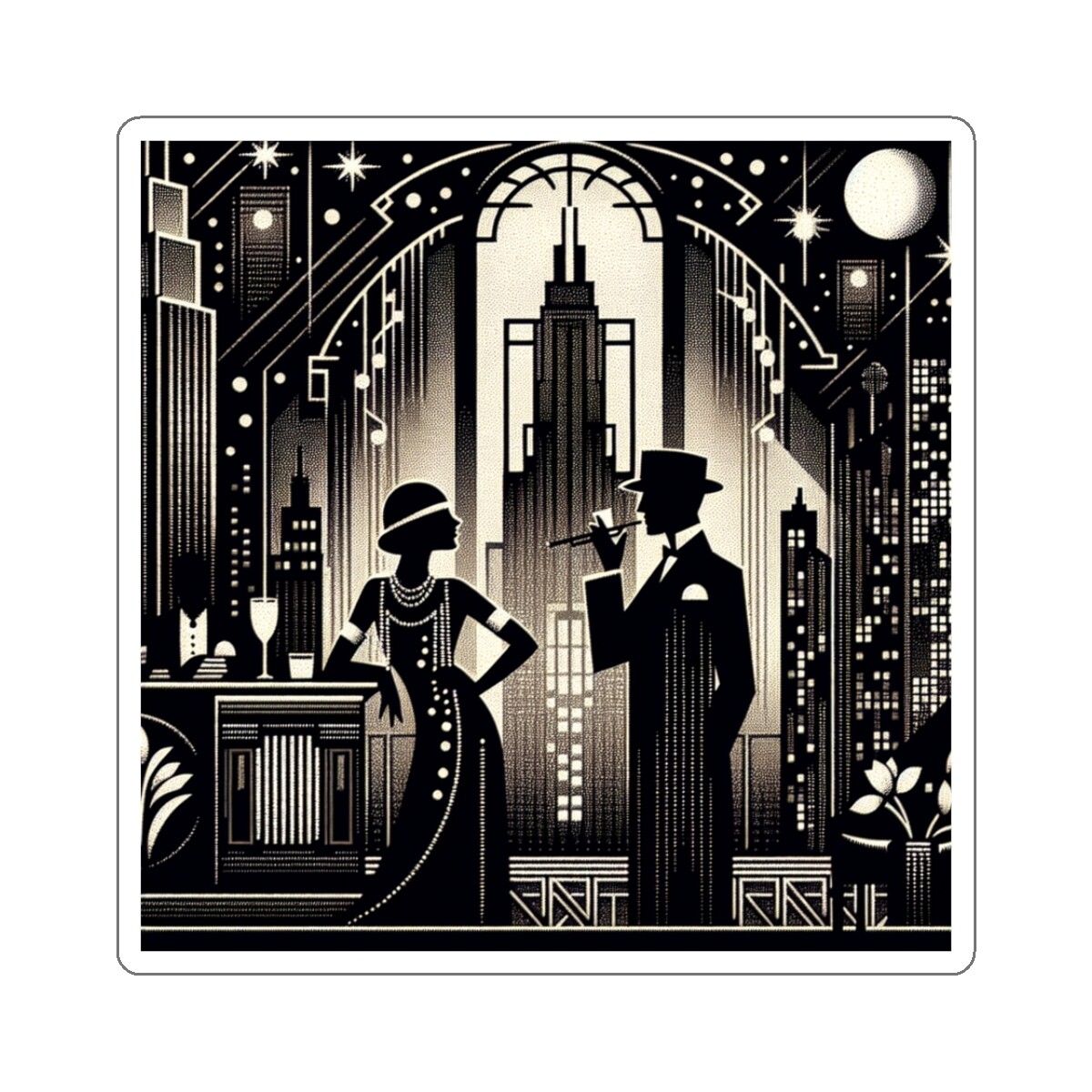 Sticker With Elegant Art Deco Couple Cityscape Night Classy Retro Style Bold