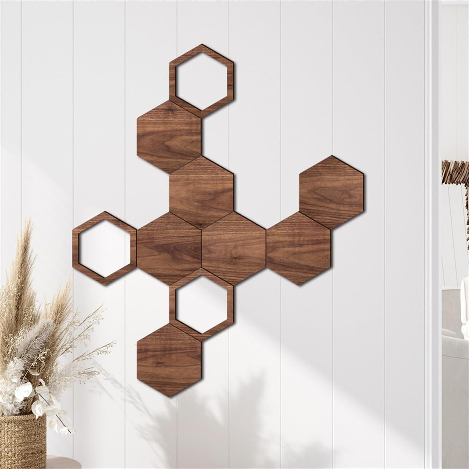 Wooden Hexagon Wall Stickers, 10 PCS Removable Hexagonal Wall Stickers DIY Ar…