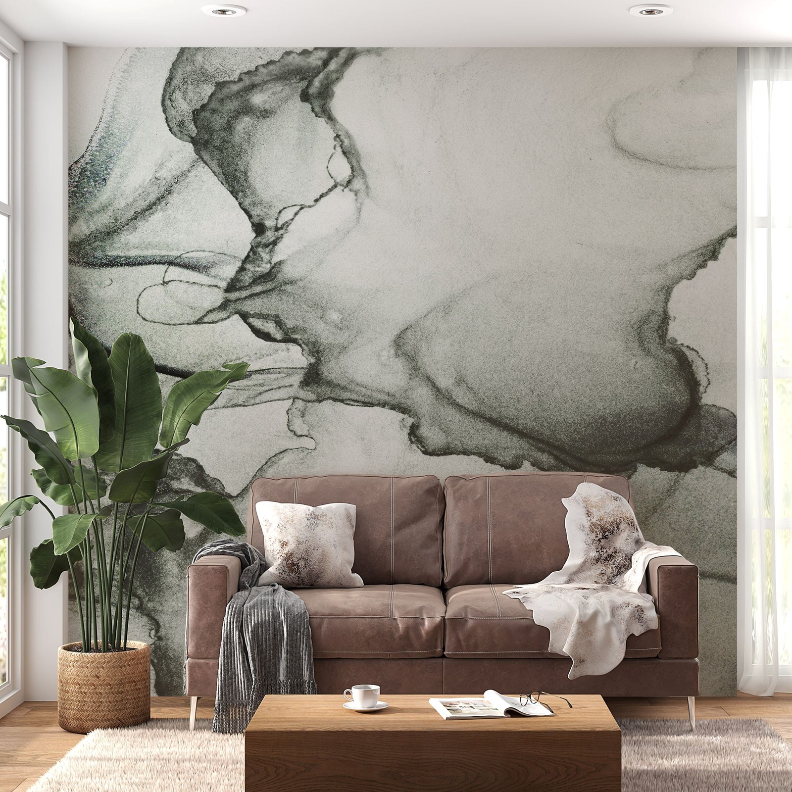 Abstract Black and White Fluid Alcohol Ink Painting Wall Mural. Peel and Stick W