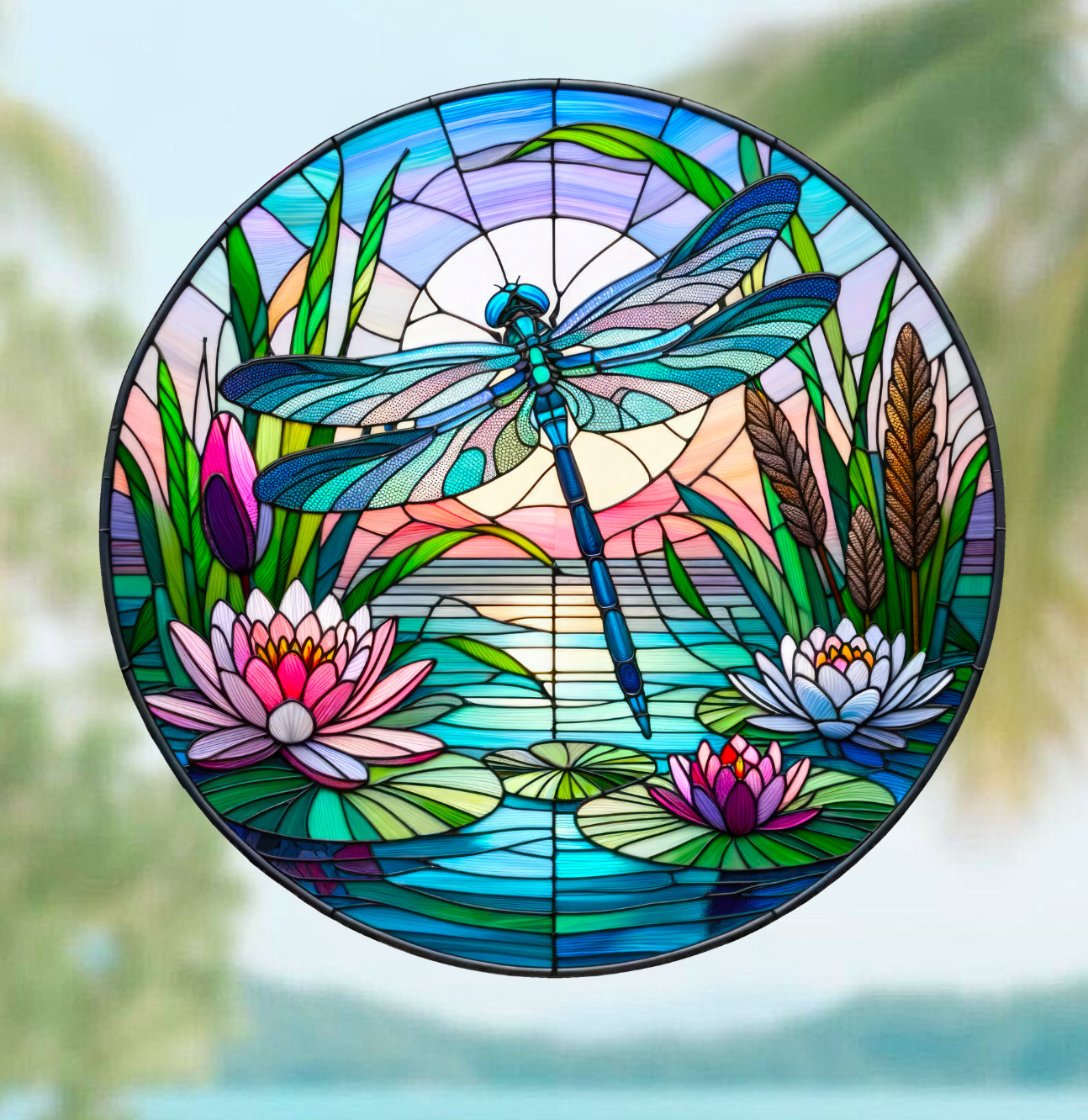 Dragonfly Water Lily Faux Stained-Glass WINDOW CLING Sun-catcher Size 8" Round