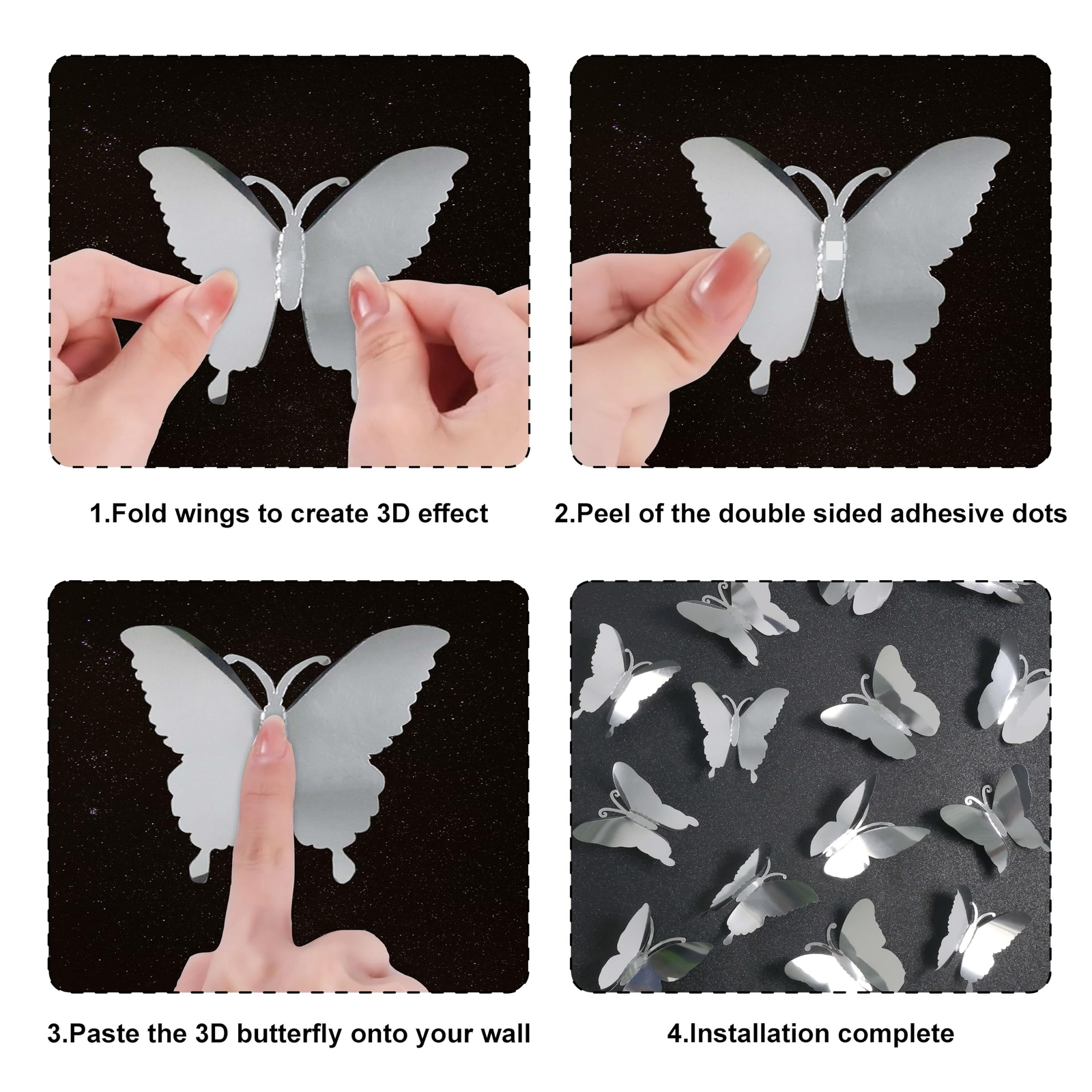 3D Mirror Metallic Butterfly Wall Decor, Silver, 48Pcs 4 Styles 3 Sizes, Remo…