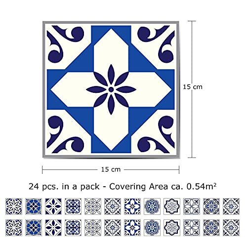 24pcs 6" Peel and Stick Vinyl Backsplash Tiles One Size Spanish & Moroccan Blue