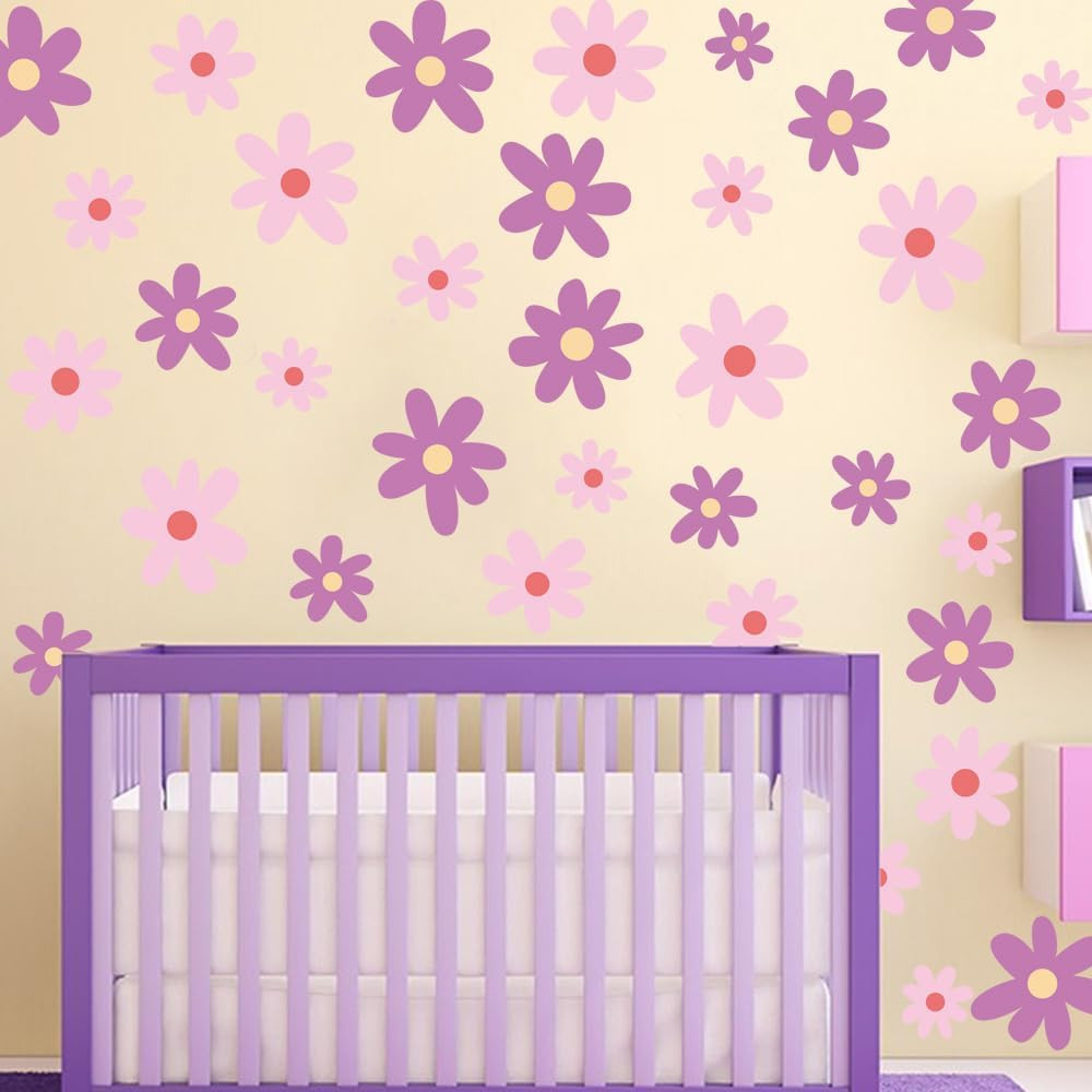 Pink Purple Daisy Flower Wall Art Stickers – Floral Decals for Nursery