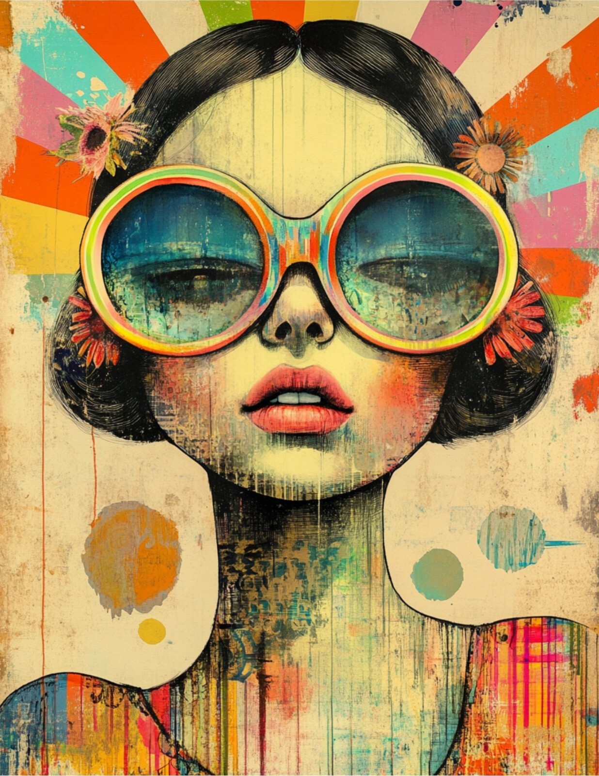 Retro Woman Phone Sticker (2 Inch) Colorful Whimsical Glasses Vintage Rainbow