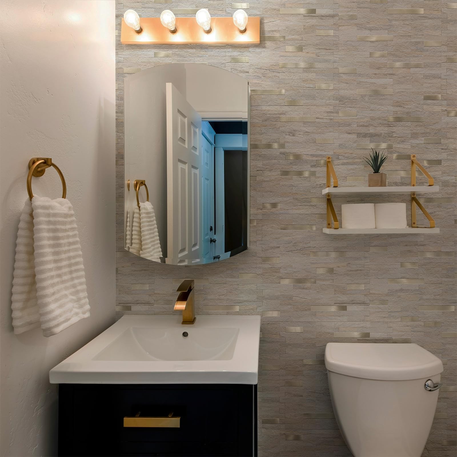 20 Sheets Kitchen Peel and Stick Backsplash Tiles, Beige with Metal Gold Look…