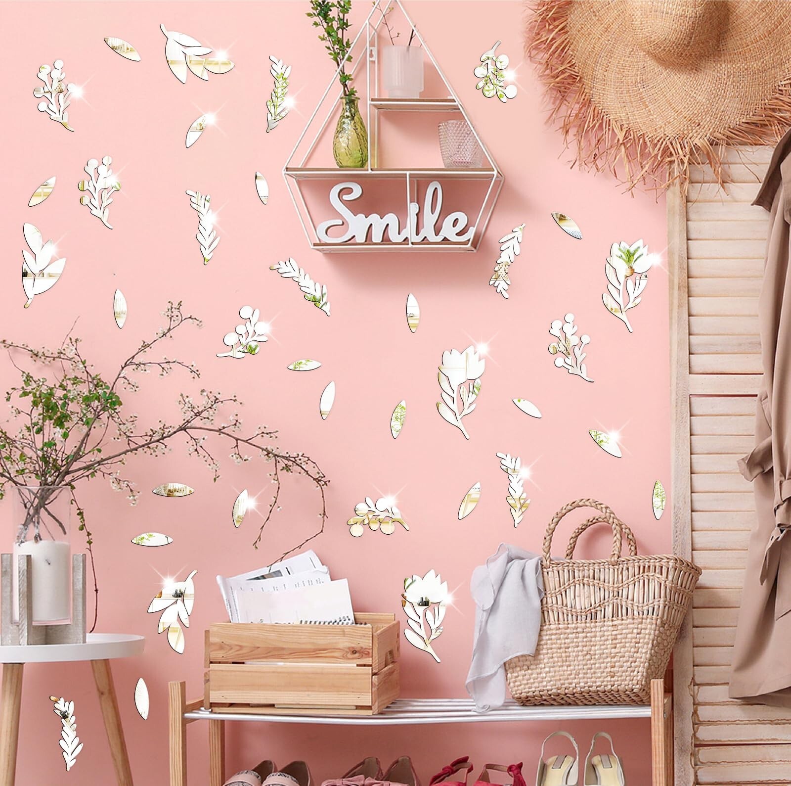 Floral Leaf Wall Stickers Decor Acrylic Mirror Stickers for Walls 3D Silver M…