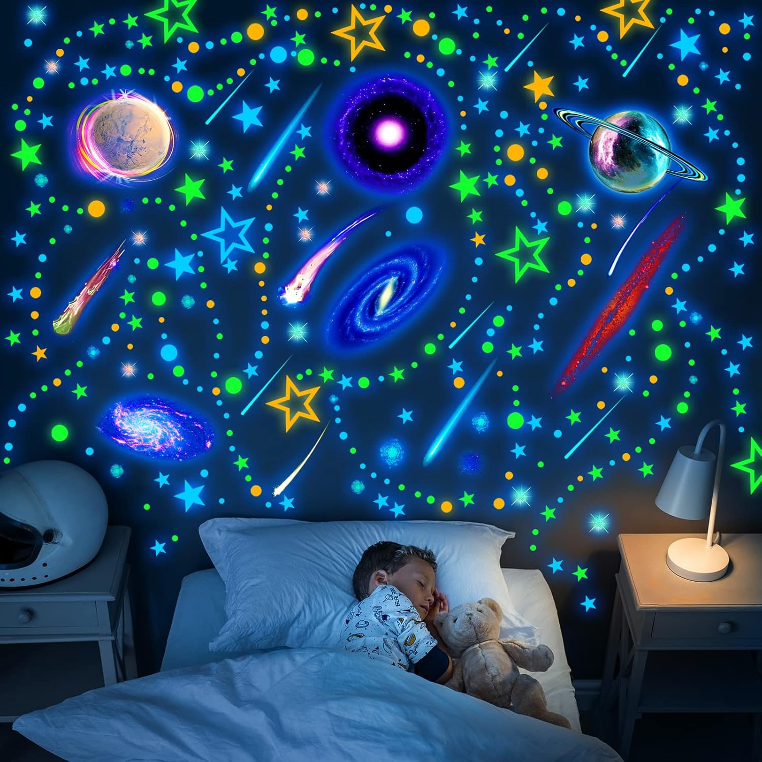 495 Pcs Glow in the Dark Moons and Stars Wall Decals for Ceiling,Glowing Planets
