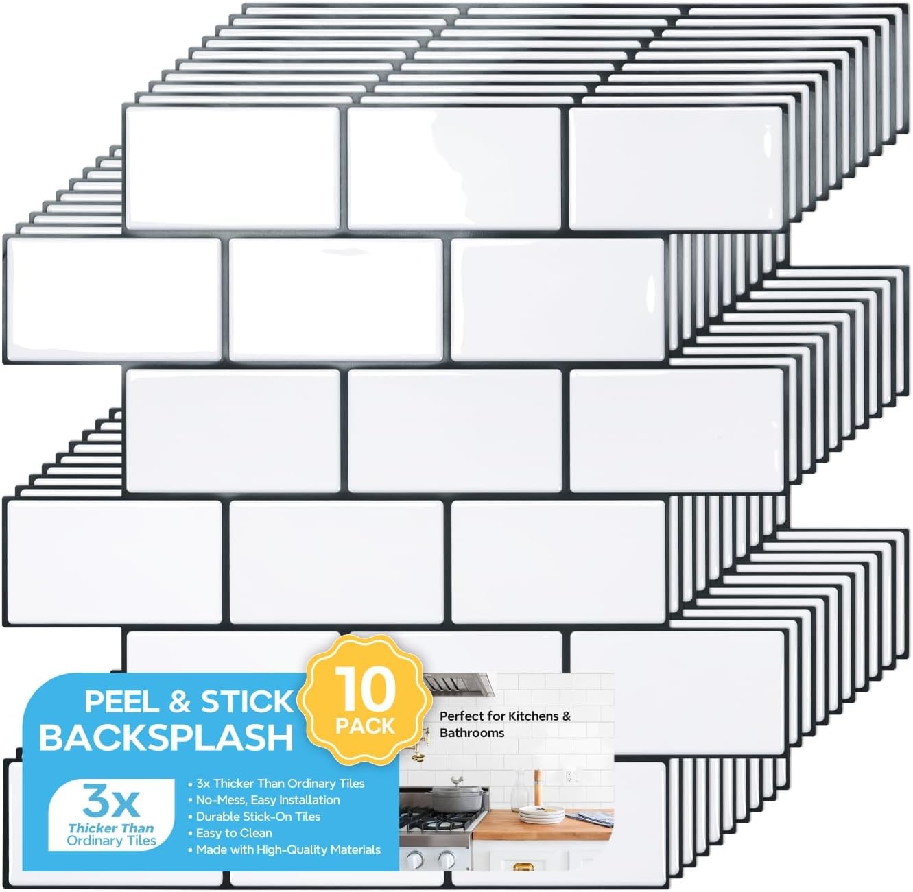 STICKGOO 10-Sheet Peel and Stick Backsplash, Cold White With Black Grout