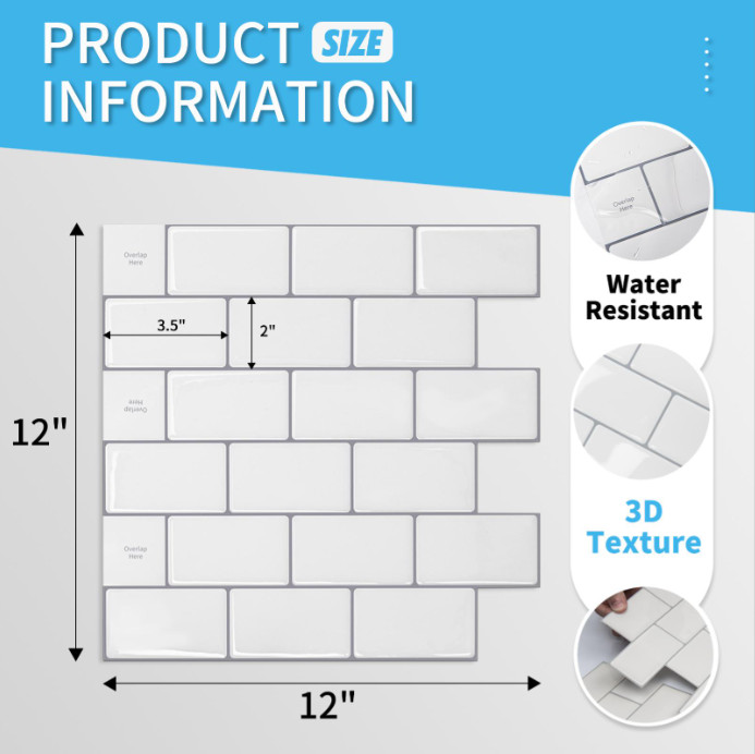 10PK Art3d Peel and Stick Tile Backsplash for Kitchen Bathroom 12” X 12”. 9SQ