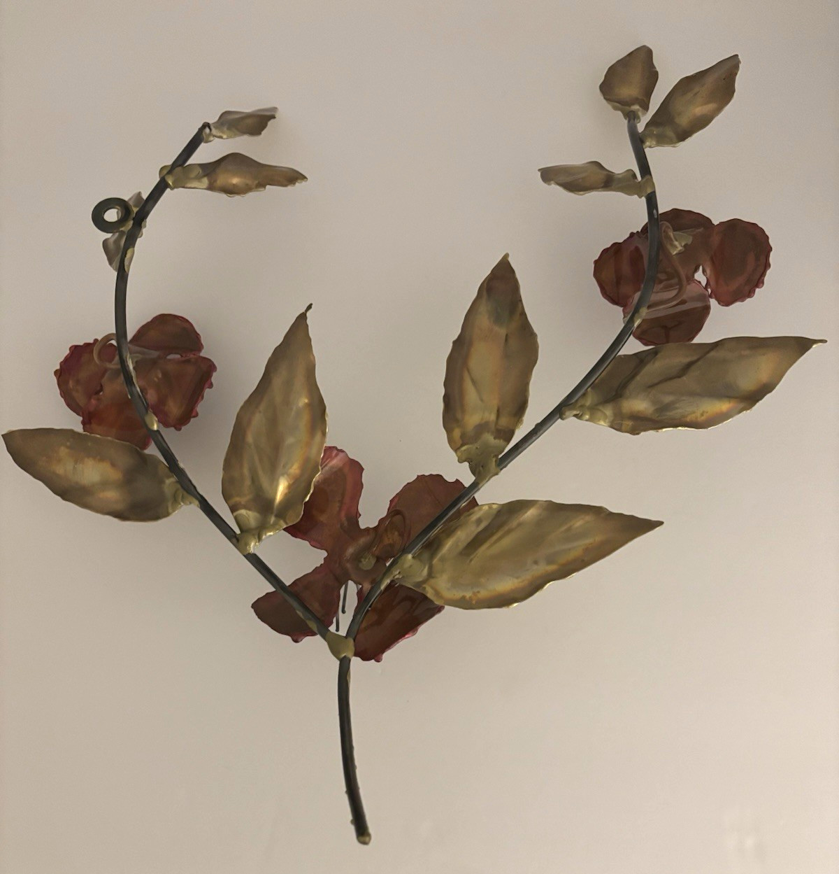Wall Art Scupture/Enamel Metal Leaves & Branches W/Flowers 18"H x 16"W
