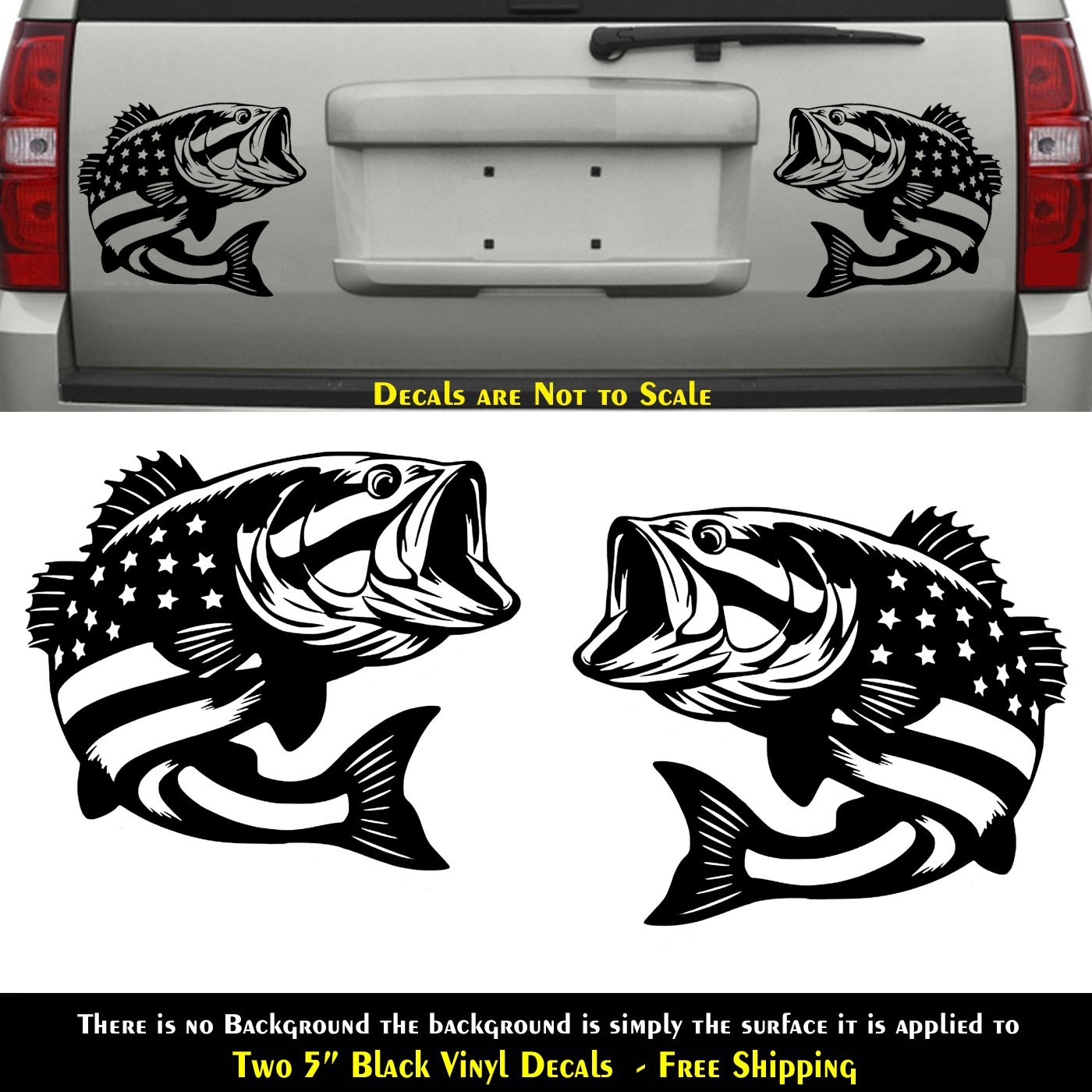 American Flag Bass Fish Patriotic Two 5" Black Vinyl Decals Any Flat Surface