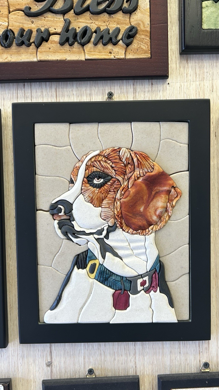 “Artisan Mosaic Dog Portrait – Unique Handmade Wall Decor”