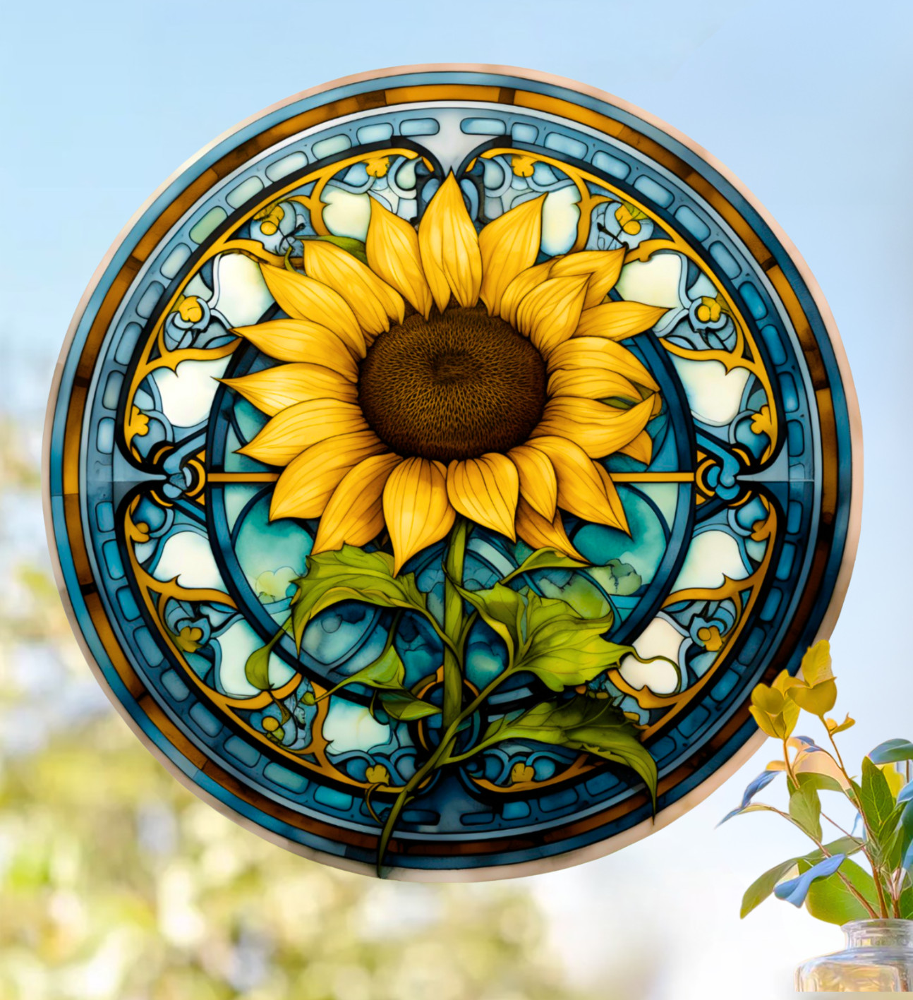 Sunflower Faux Stained-Glass WINDOW CLING Sun-catcher Size 8" Round Vinyl