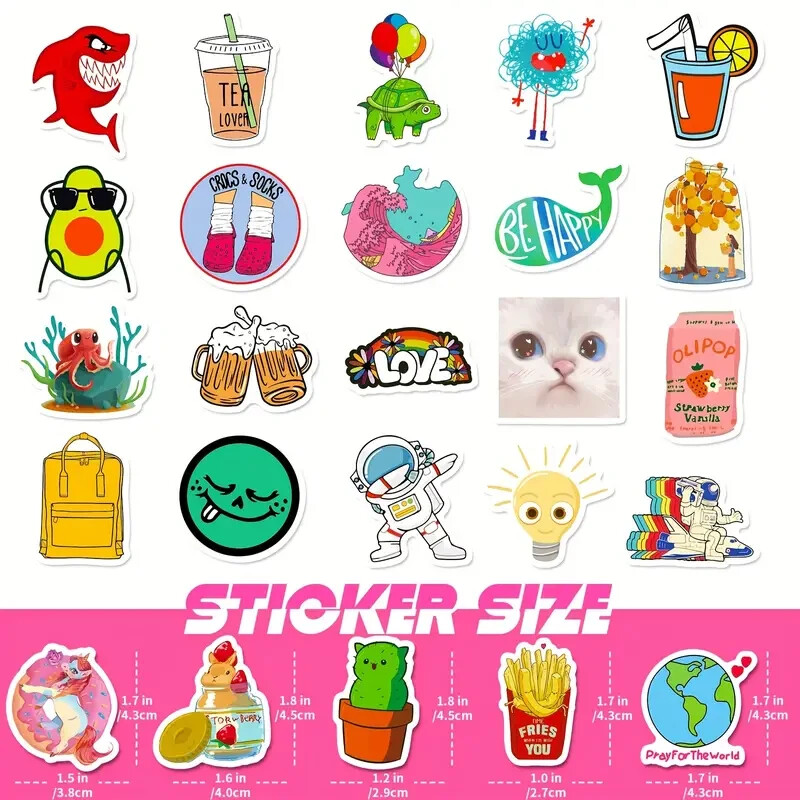 50 Random Fun Cute Cartoon Art Realistic Stickers – Laptop/ Water Bottle/ Notes