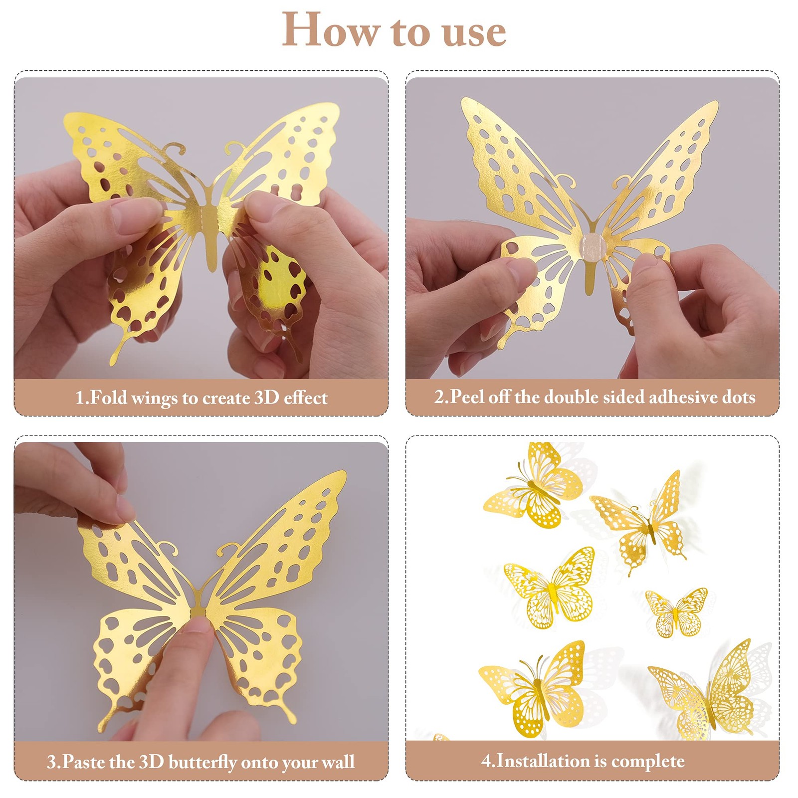 3D Butterfly Wall Decor – 48 Pcs, 4 Styles, 3 Sizes, Gold Butterfly Decoratio…