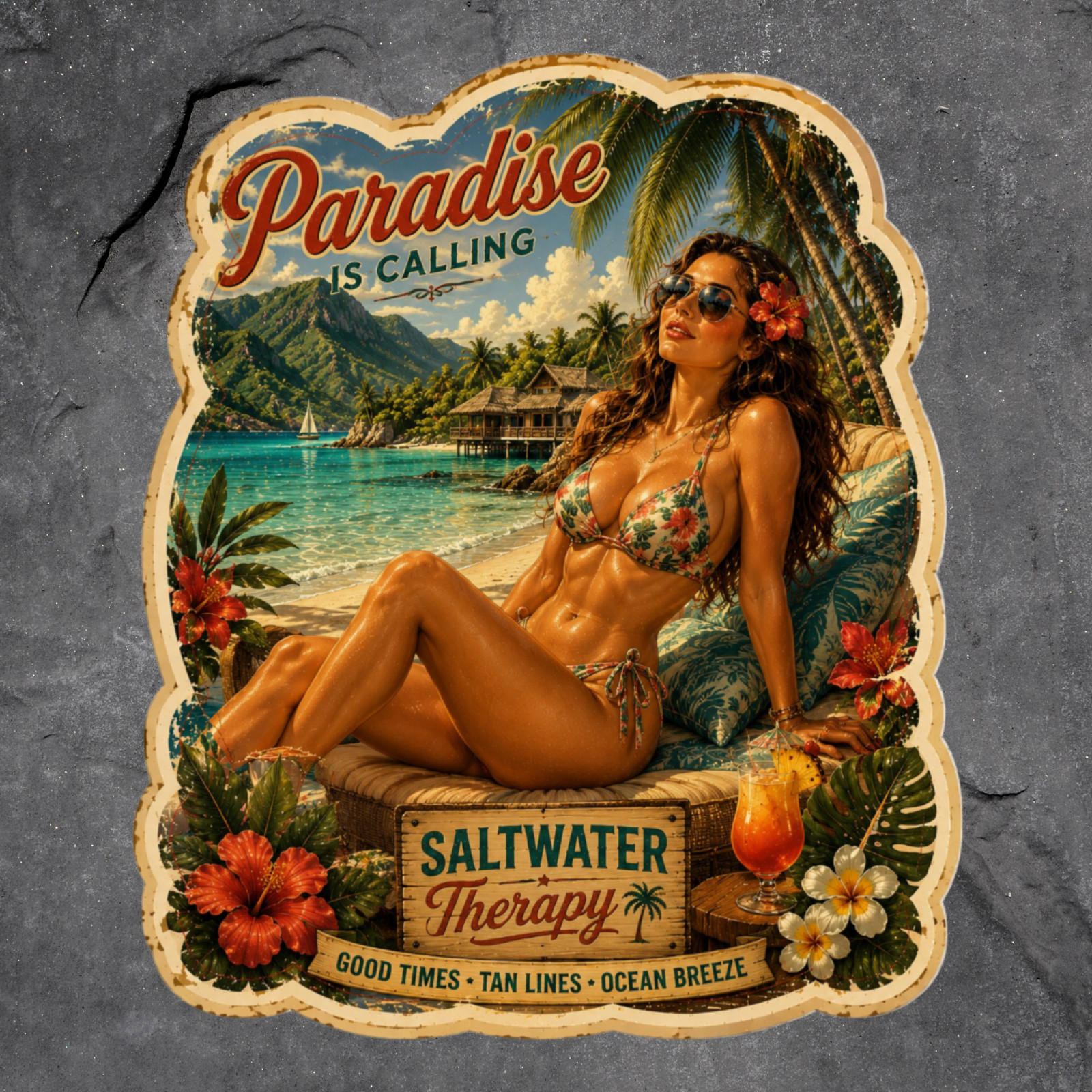 Pinup Girl Sticker Vinyl Decal Paradise Is Calling Tropical Beach Vacation