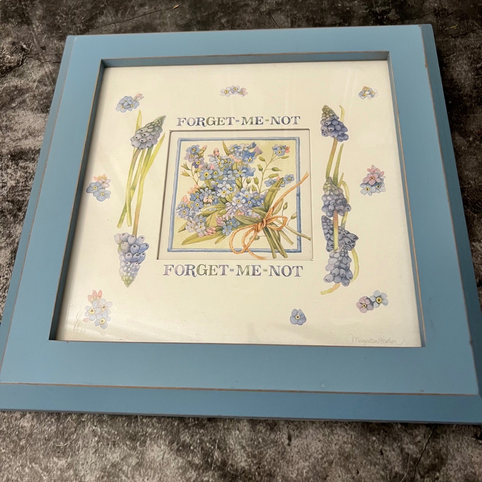 Vintage Hallmark Blue Forget Me Not Floral Framed Art | Cottage