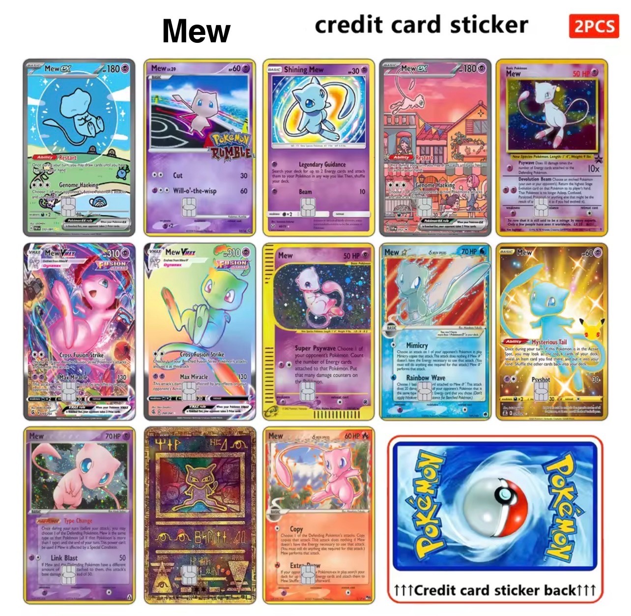 Mew Pokémon Credit Card Skin Cover Sticker ,small chip matte 2pc front & back