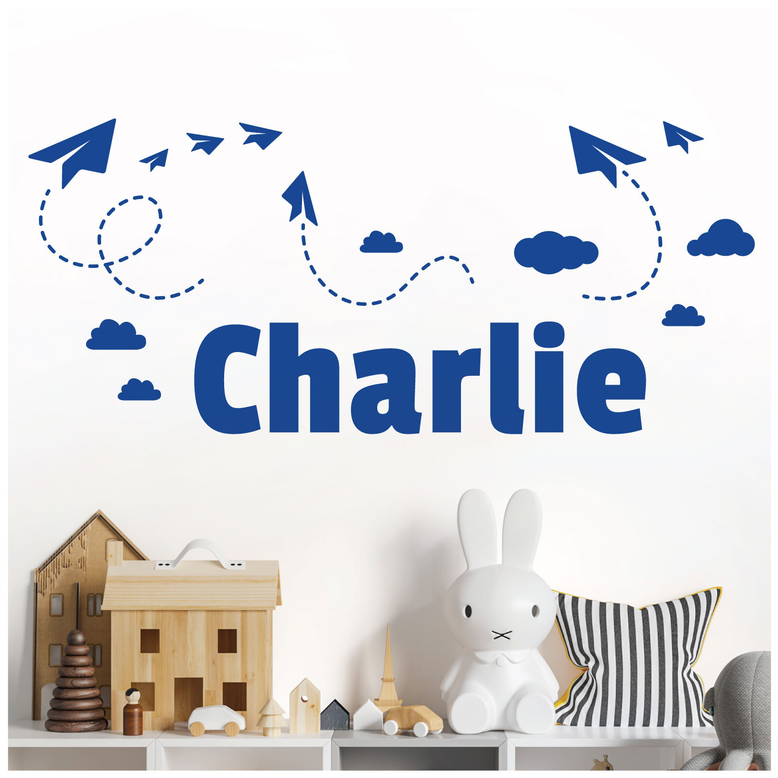 Personalised Name Children Wall Art Sticker – Sky, Paper Planes and Clouds