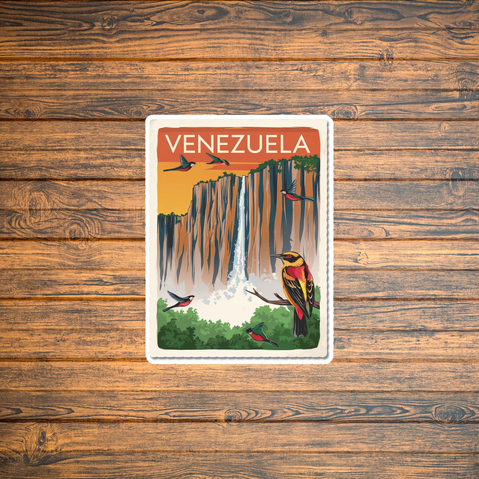 Vintage Venezuela Travel sticker Sticker with Colorful Birds & Waterfall #3160
