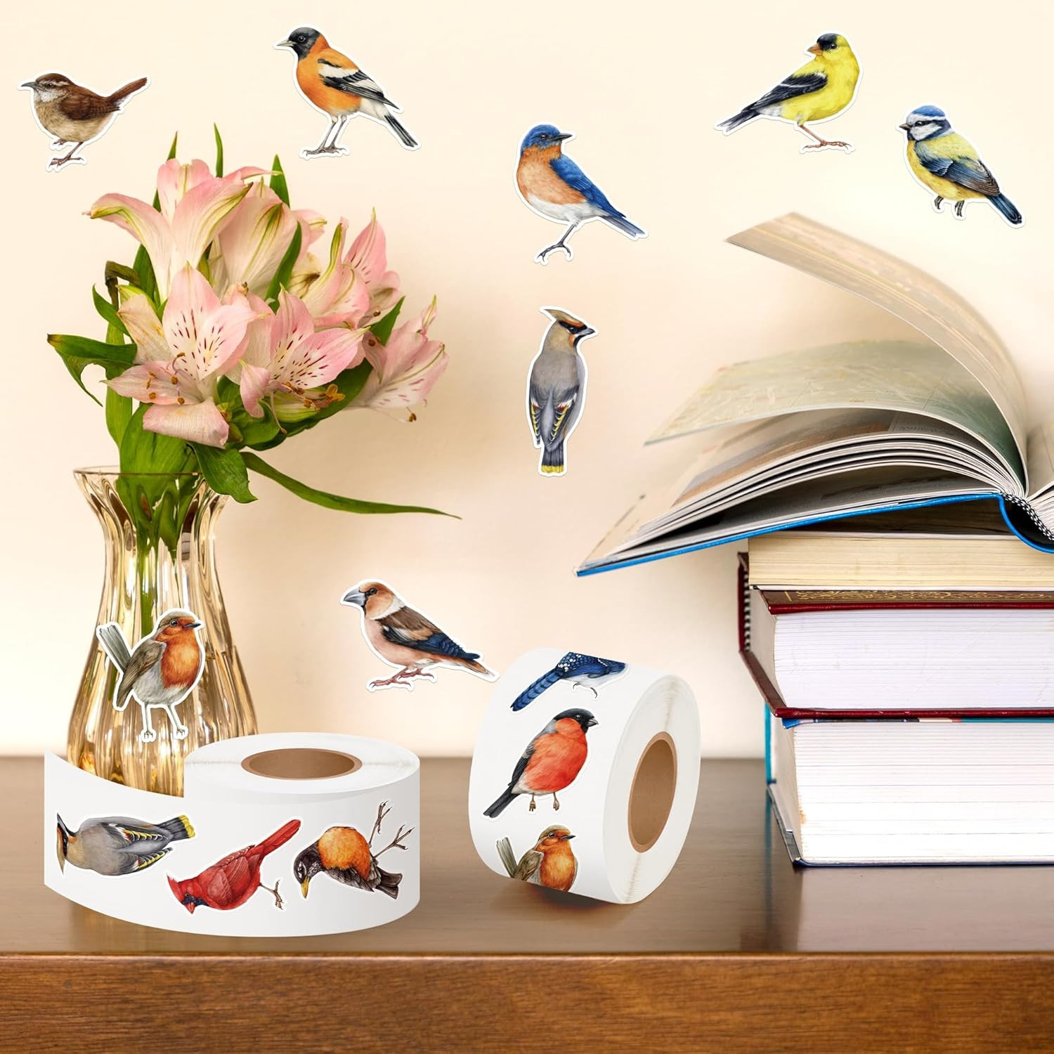 Watercolor Bird Sticker Rolls – 1000 Pcs Waterproof Vinyl Animal Stickers