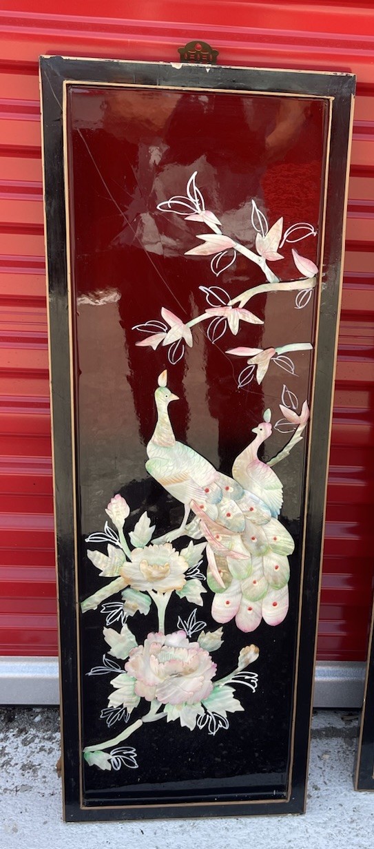 Set of 4 Vintage Mother of Pearl Horse Panels Dark Red Lacquer Asian Wall Art