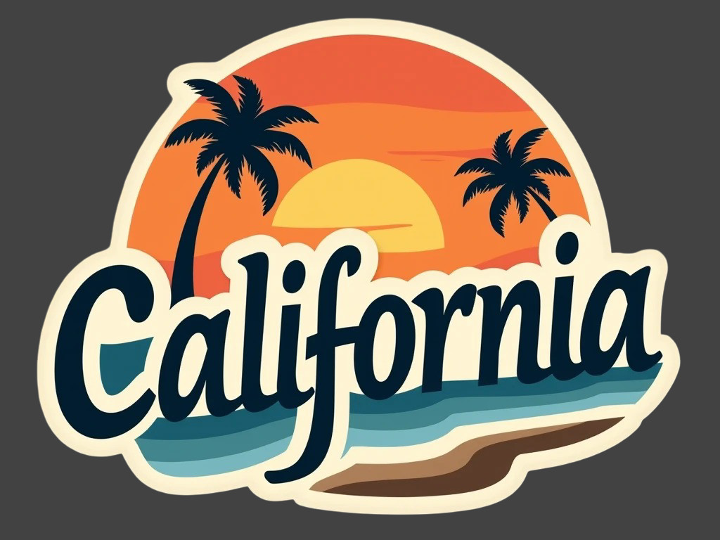 California Sticker Vinyl Decal Sunset Beach Palm Trees Retro Coastal Vibes