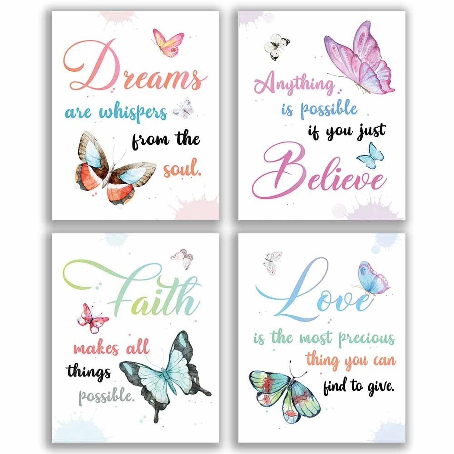 Watercolor Butterfly Inspirational Quote Wall Art Print, Faith Love Dreams Be…