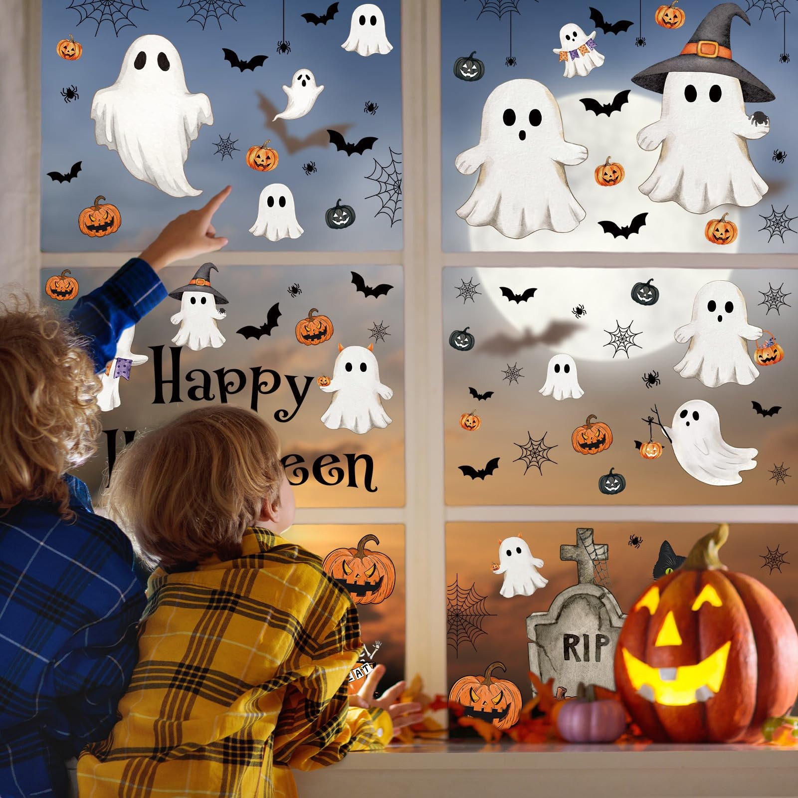Vintage Halloween Window Clings 6 Sheets, Large Retro Size, Multicolor