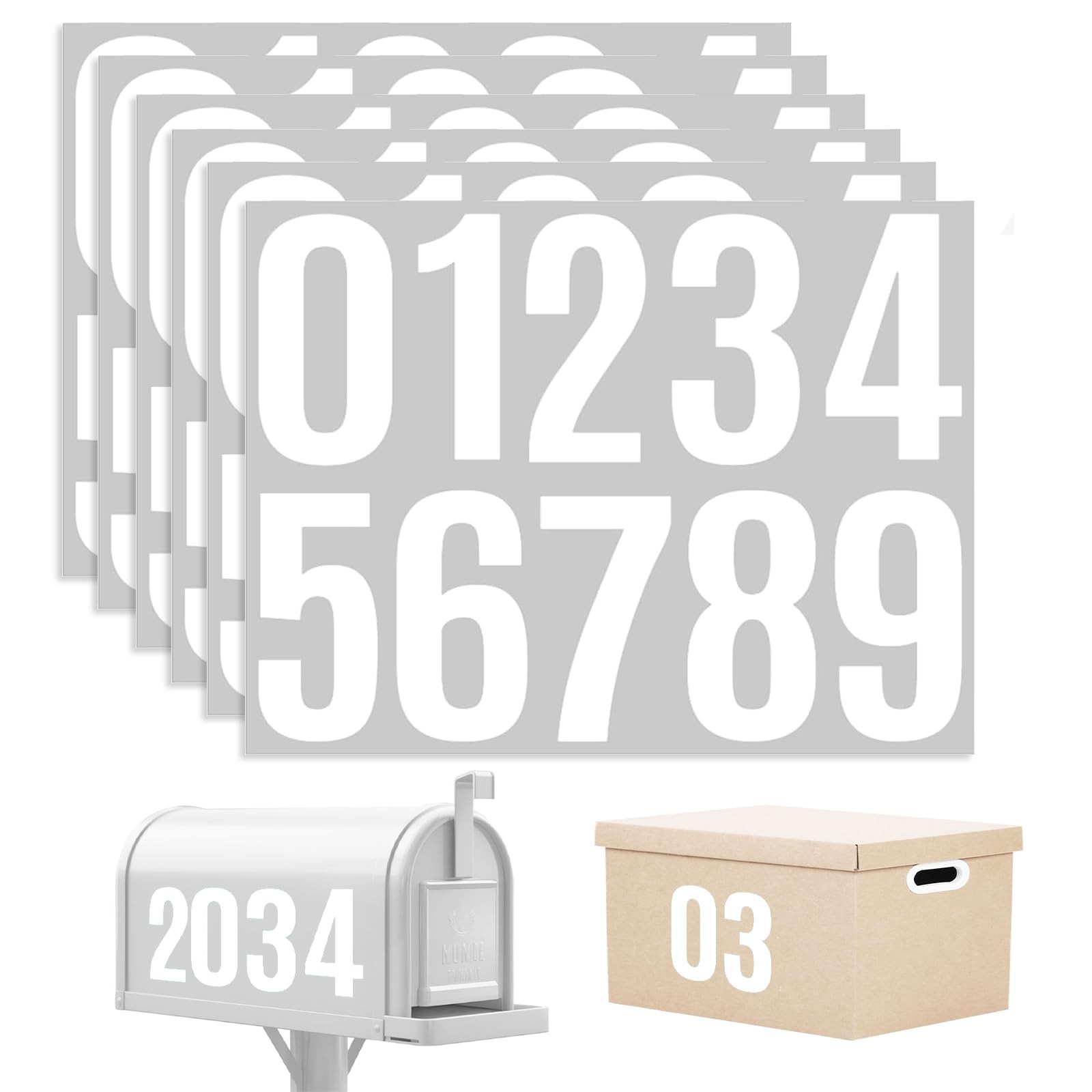 6 Sheets Mailbox Numbers Stickers 60 Pieces 4 Inch Waterproof Large, White