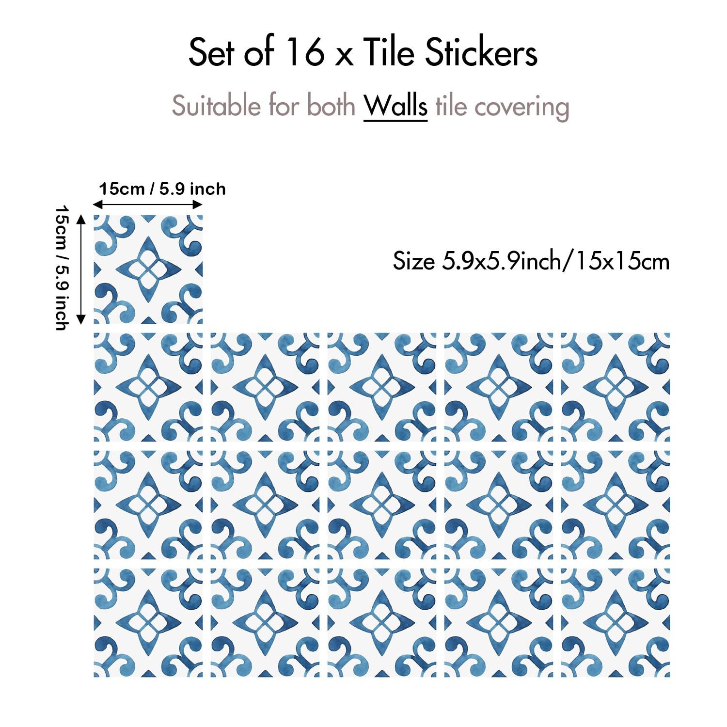 16 Pack, 5.9 Inch Tile Decals, Artisan Blue and White Peel and Stick Vinyl fo…