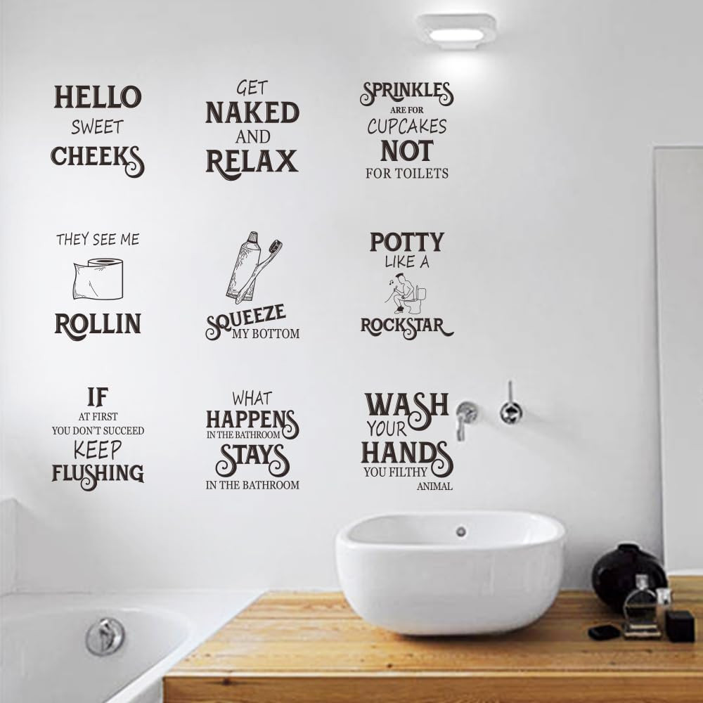 17PCS Bathroom Wall Decals Peel and Stick, Funny Vintage Sign Decals Bathroom Qu