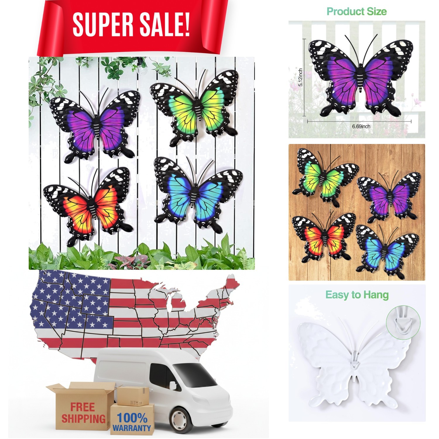Waterproof Colorful Butterfly Wall Decor – 4-Piece Hanging Sculpture Set