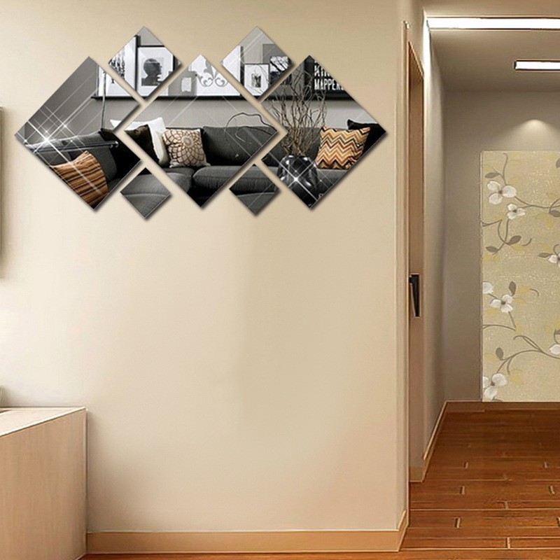 1/2 Set Square & Diamond Acrylic Mirror Wall Stickers Self Adhesive Home Decor