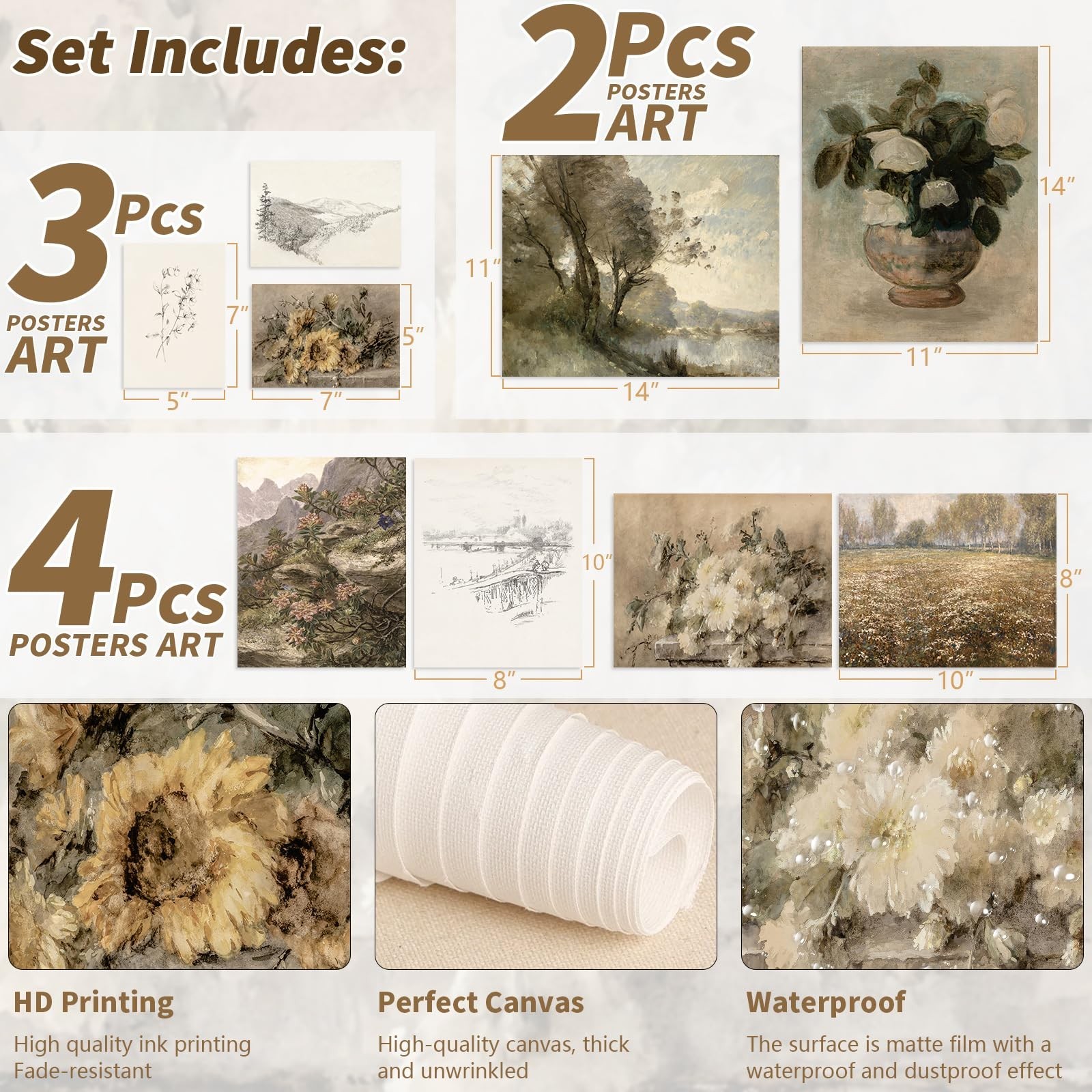 9Pcs Vintage Wall Art Decor Prints Neutral Gallery Farmhouse Wall Decor Natur…