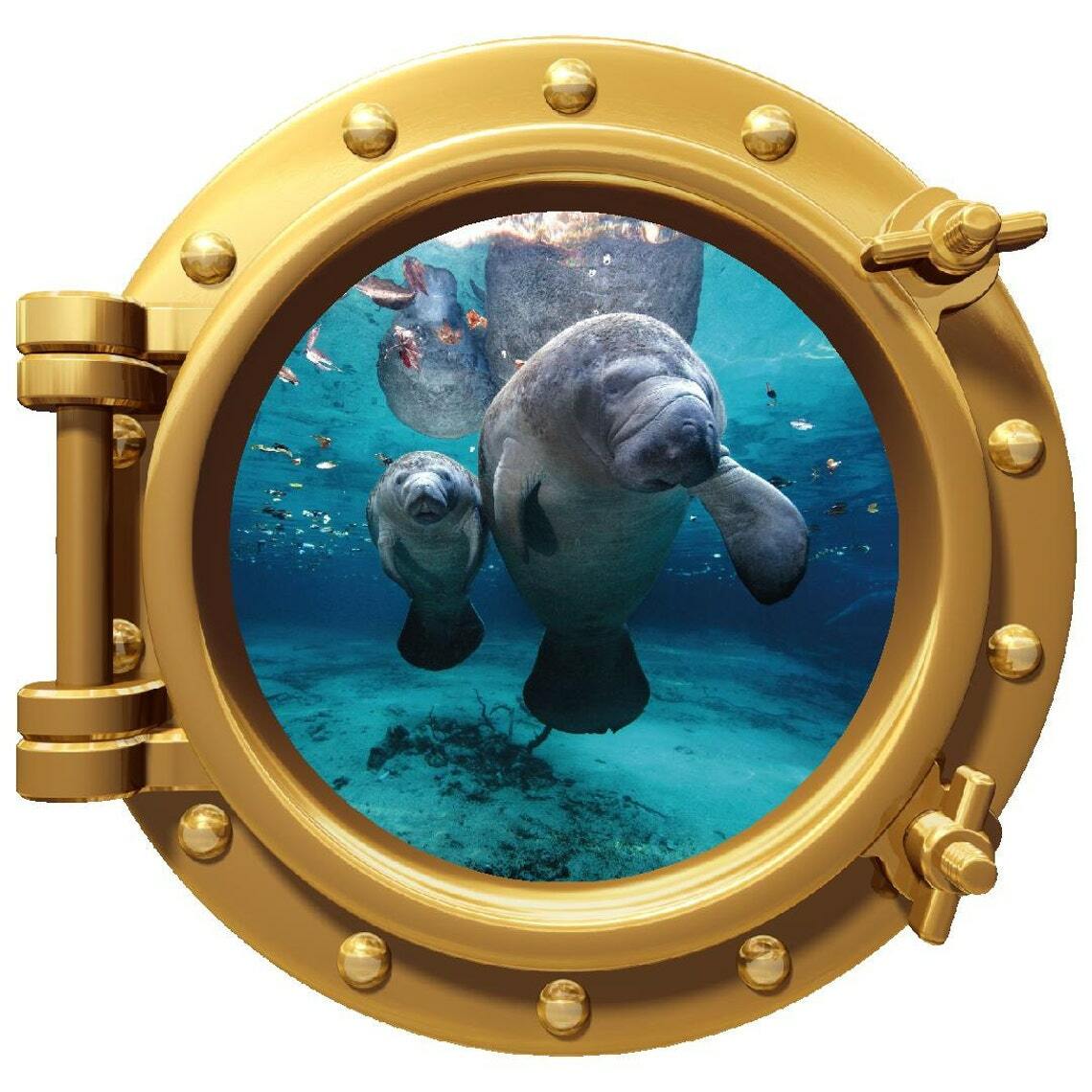 PortScape MANATEE & CUB Sea Porthole 3D Window Wall Decal Vinyl Wall Sticker