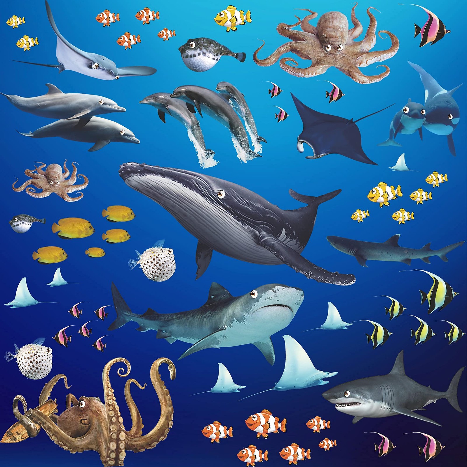 4 Sheets of 12inch x 18inch 3D Removable Ocean Animals Wall Sticker Under The…