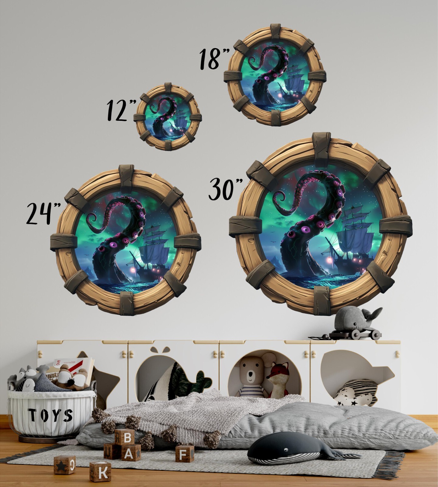 Kraken Attack Octopus Pirate Ship Porthole Window Wall Decal Port Hole Sticker