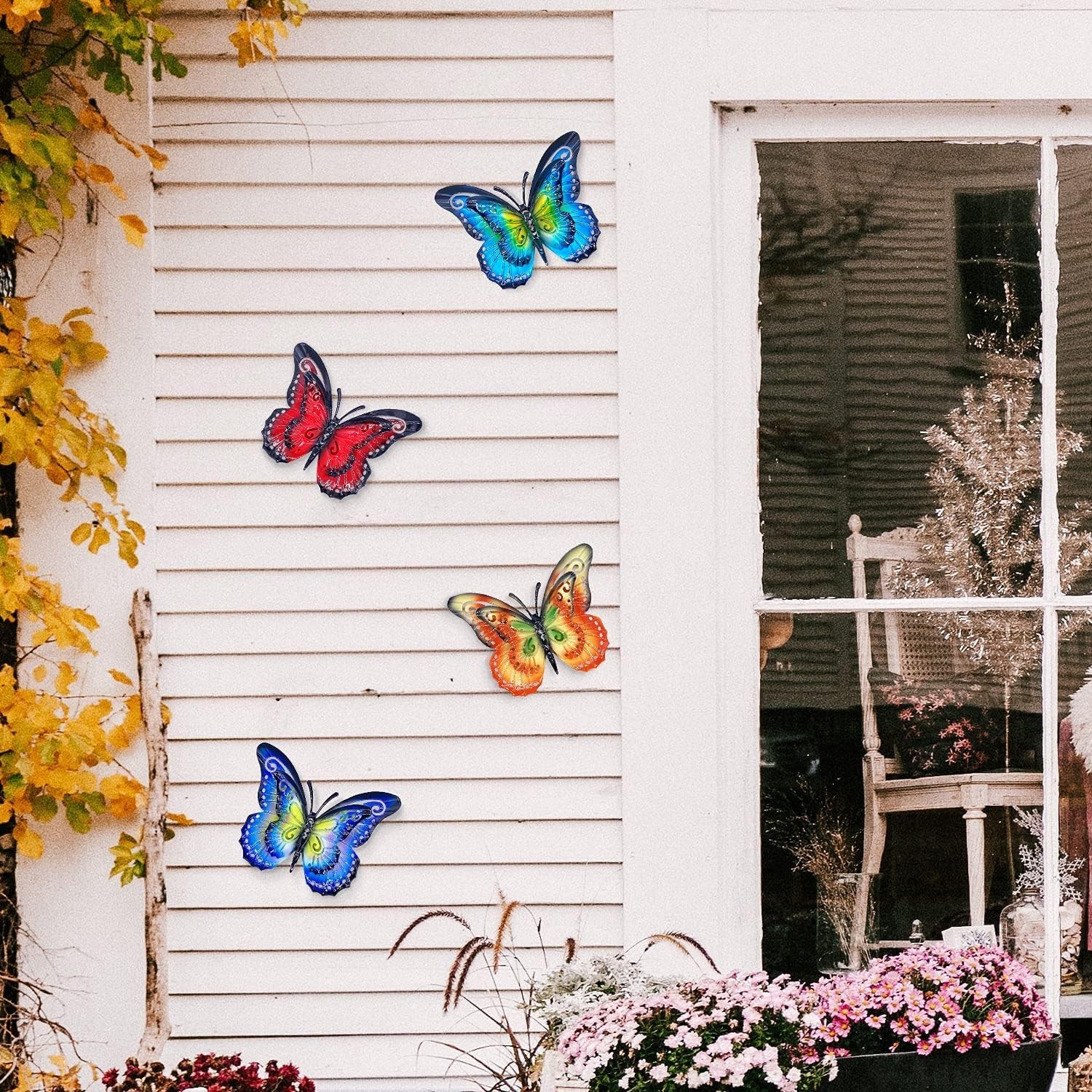 Metal Butterfly Outdoor Wall Decor- 6.5" Double Wings Butterflies, Hanging