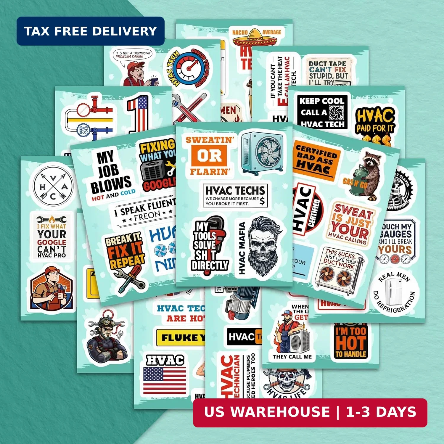 100Pcs HVAC Stickers Hard Hat, Water Bottle, Laptop – HVAC Toolbox Decals – Air