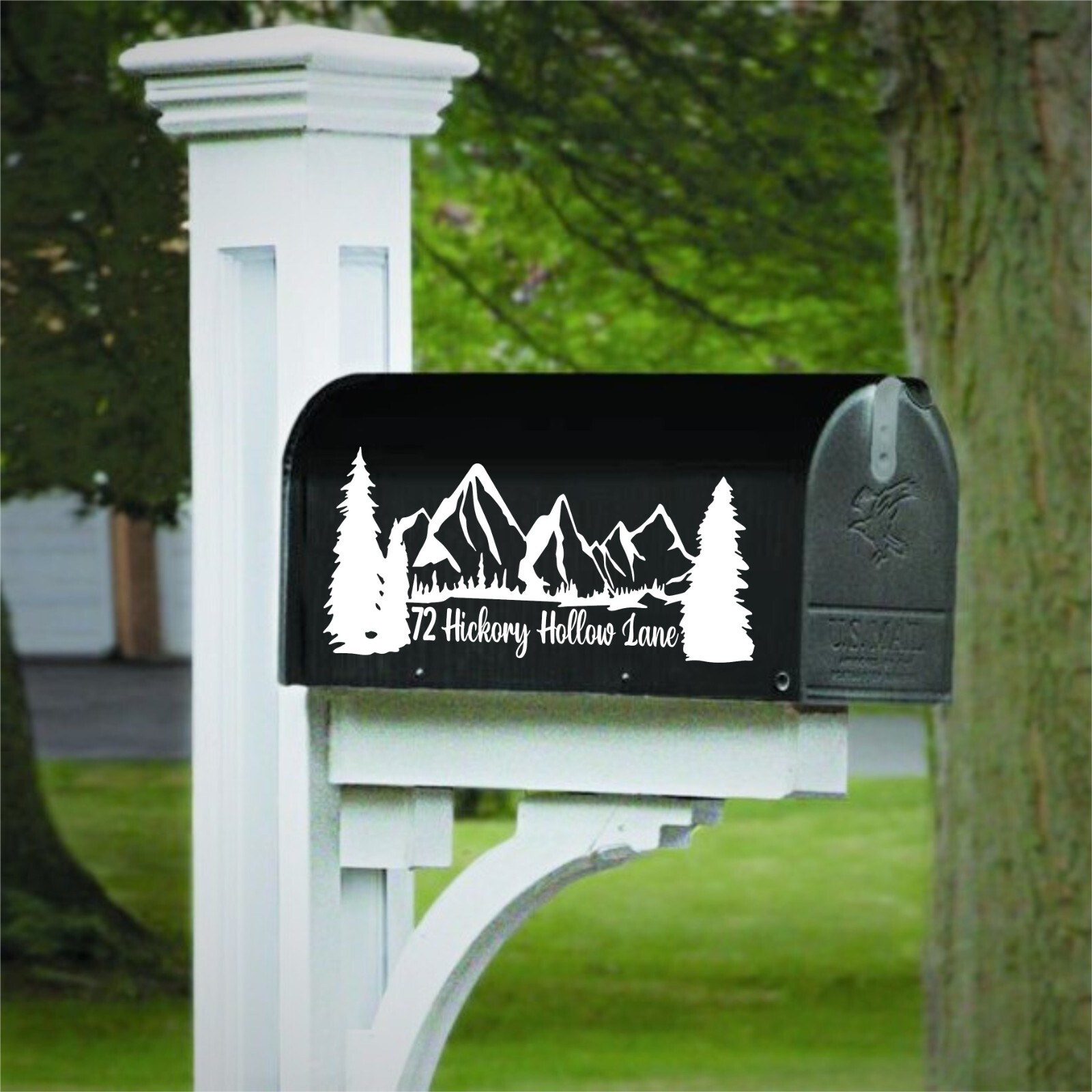 Set of 2 Personalized Mountains and Trees Outdoor Scene Vinyl Decals for Mailbox