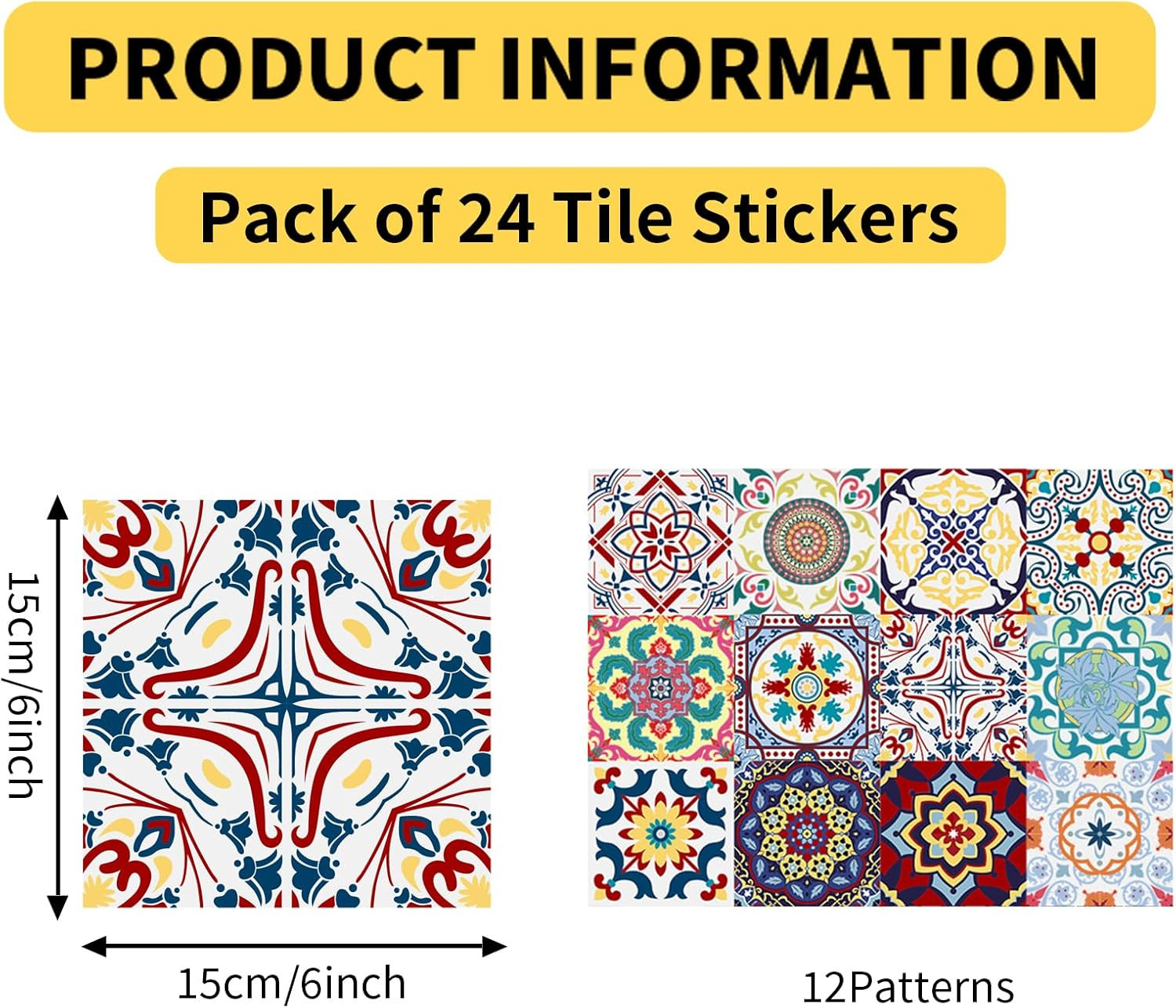 24 PCS (6"X6") Retro Mexican Tile Sticker Peel and Stick Wall Decals Talavera Ki