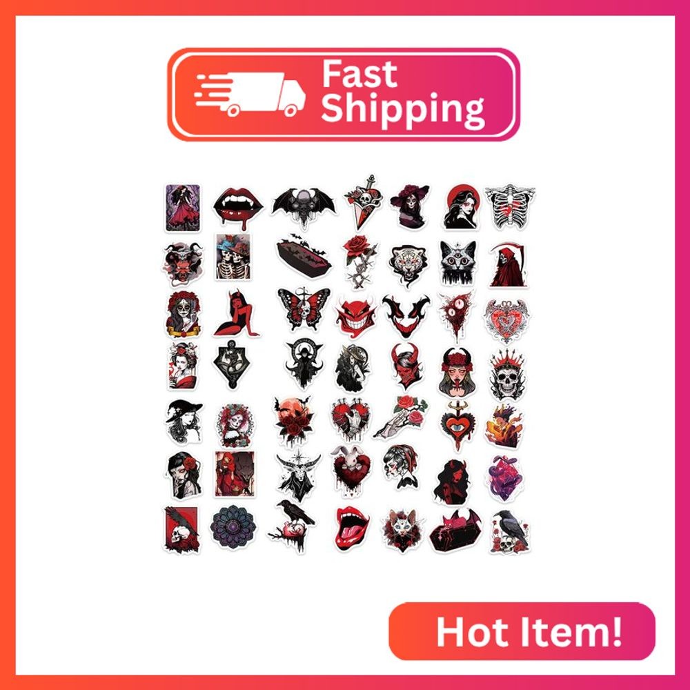 50Pcs Horror Skeleton Stickers Pack for Teens and Adults, Red Skull and The Maid