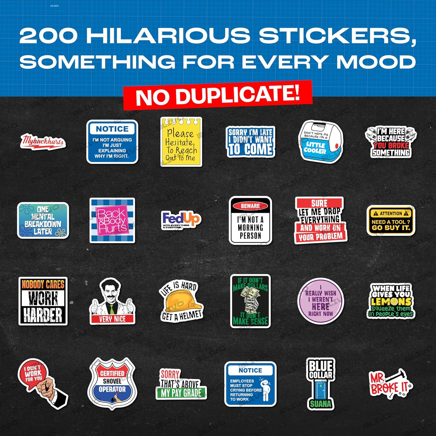 200 PCS Funny Hard Hat Stickers Waterproof Blue Collar Decals Pack Laptop Helmet