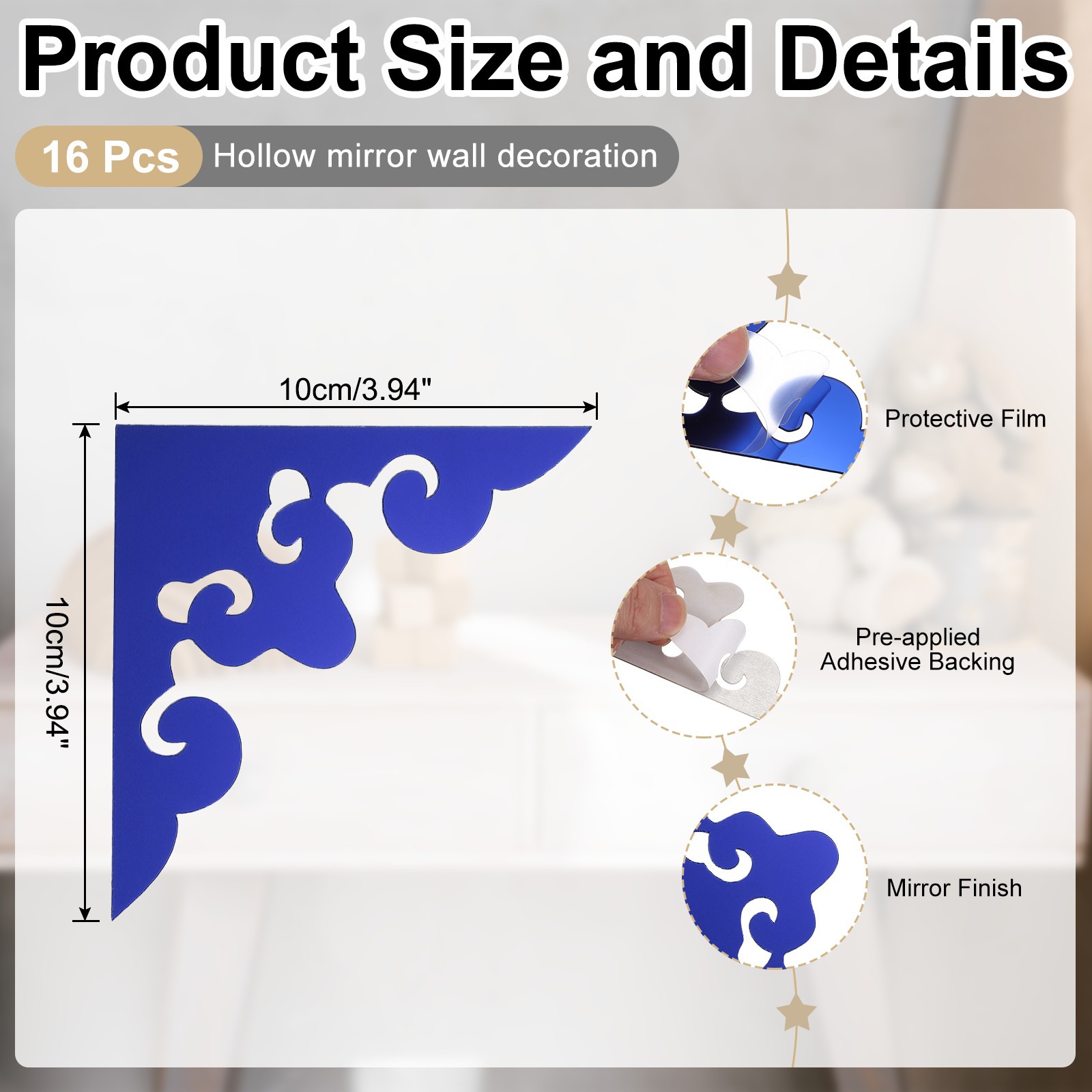 16Pcs Corner Decorative Pattern Hollow Mirror Wall Stickers(Dark Blue, 4×4")
